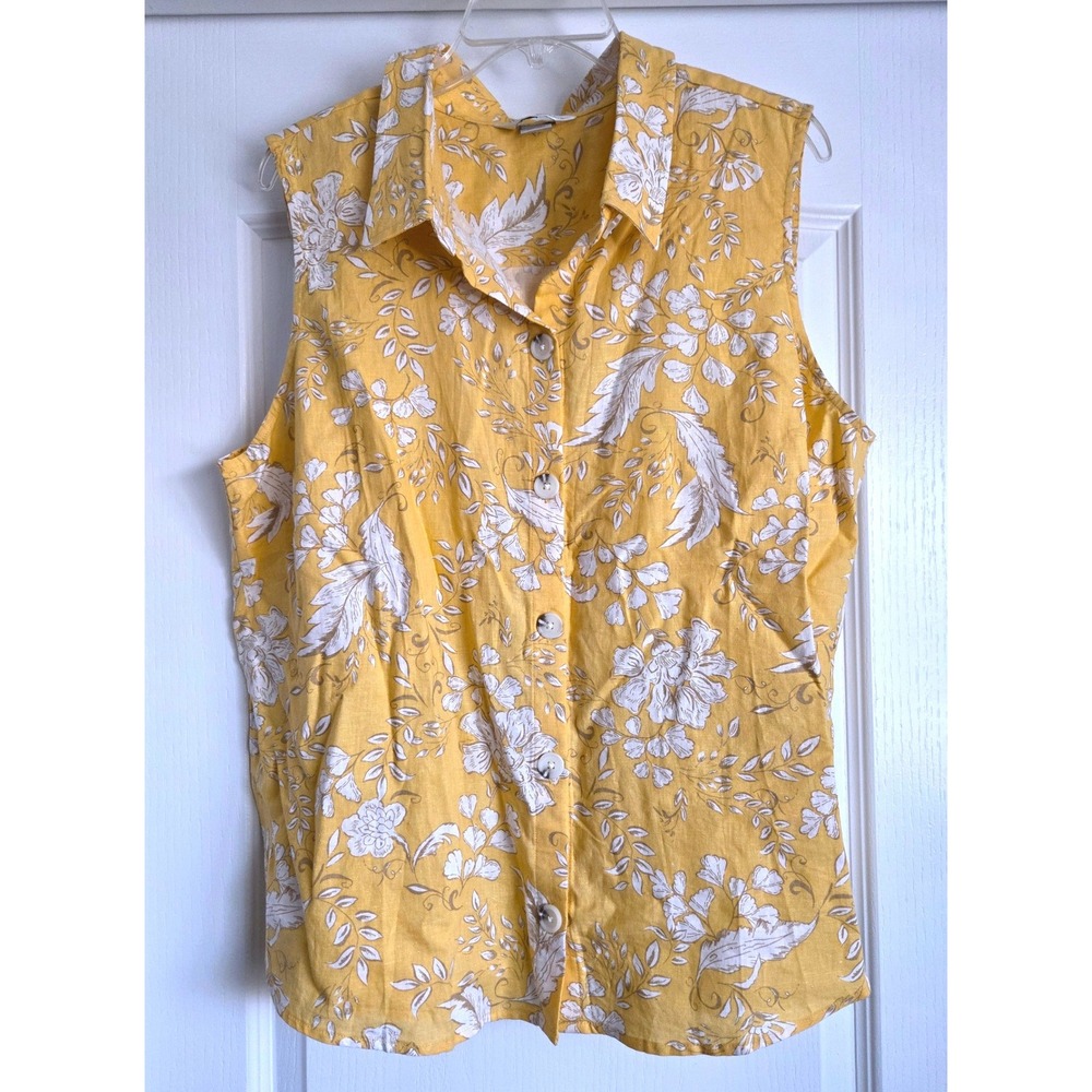 Christopher & Banks Yellow Floral Linen Blend Sleeveless Button Blouse Sz XL